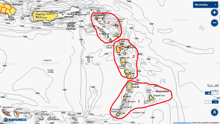 Откыть карту Navionics Регионов яхтинга на Наветренных островах. Карибы