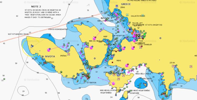 Карта яхтенных стоянок в архипелаге Сивота. Ионическое море. Греция.