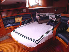The aft master Cabin - with centerline queen berth, features a brand new Phillip's 17' flat screen HDTV. Central heating, individually controlled A/C, custom-made TempurPedic Comfort Berths.