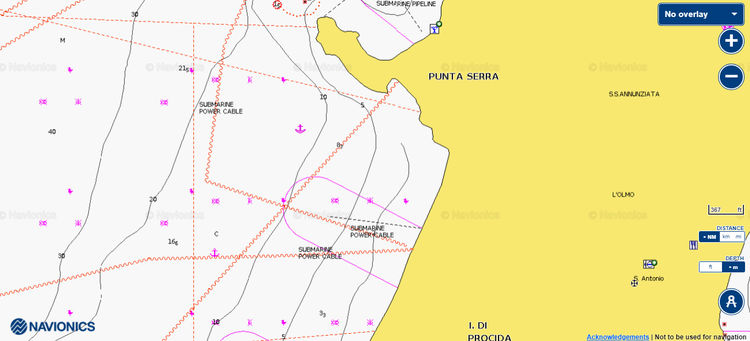 Откыть карту Navionics якорной стоянки яхт у пляжа Чираччо на острове Прочида