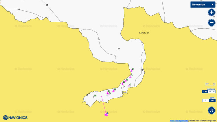 Открыть карту Навионикс якорной стоянки яхт в бухте Карги