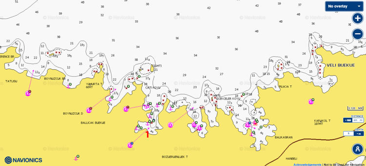 Открыть карту Navionics якорных стоянок яхт на юге бухты Бордубет