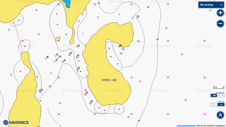 Открыть карту Navionics якорных стоянок яхт у острова Кисели