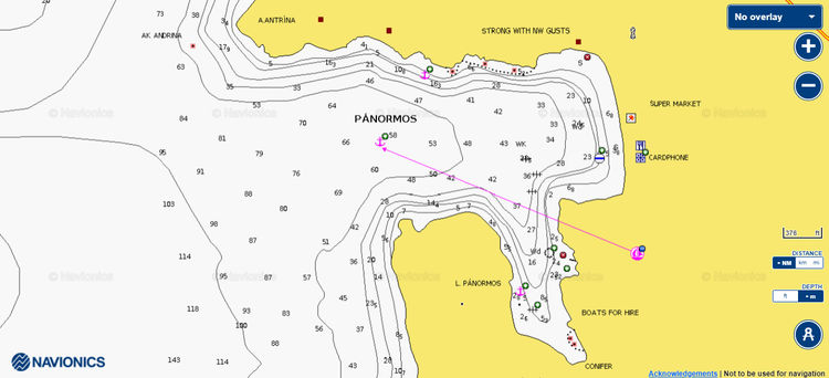 Открыть карту Navionic якорных стоянок яхт в бухте Панормос