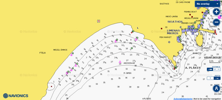 Открыть карту Navionic якорной стоянки яхт у пляжа Мегали Аммос