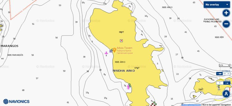 Открыть карту Navionic якорных стоянок яхт у острова Аркос