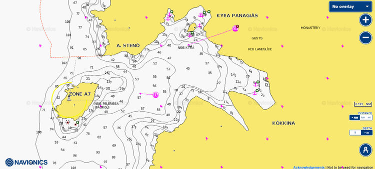 Открыть карту Navionic якорной стоянки яхт в бухте Кира Панагия