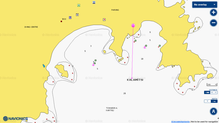 Открыть карту Navionic якорной стоянки яхт у пляжа Каламатси