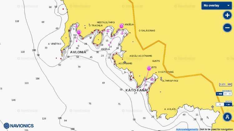 Открыть карту Navionics якорных стоянок яхт на юго-западе острова Хиос