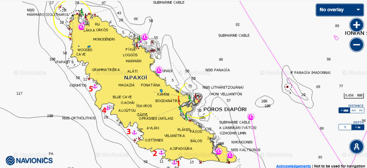 Открыть карту Navionics  якорных стоянок яхт на юго-западе о. Паксос