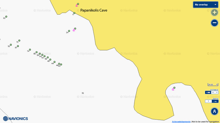 Открыть карту Navionics якорных стоянок яхт у пещеры Папаниколи