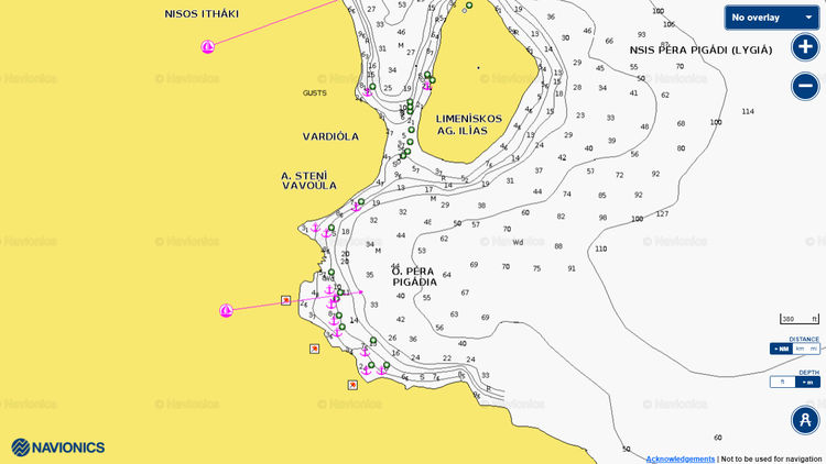 Открыть карту Navionics якорных стоянок яхт в бухте Пера Пигадия