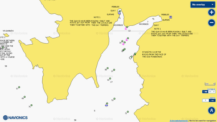 Открыть карту Navionics Якорных стоянок яхт в Порто Вроми на острове Закинтос в Ионическом море Греции на острове Закинтос в Ионическом море Греции