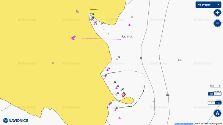 Открыть карту Navionics якорных стоянок яхт у восточного побеоежья острова Аркуди