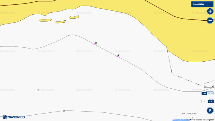 Открыть карту Navionics якорной стоянки яхт у Пунта-ди-Спропало
