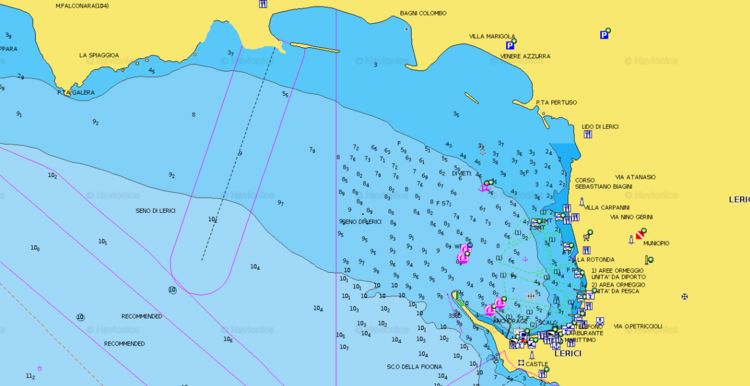 Открыть карту Navionics стоянок яхт в бухте Леричи залива Ла Специя