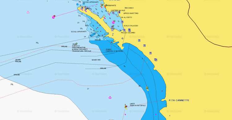 Открыть карту Navionics якорной стоянки яхт в Камольи.