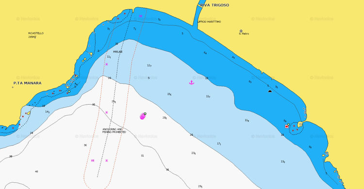Открыть карту Navionics якорной стоянки яхт у устья реки Тригозо.