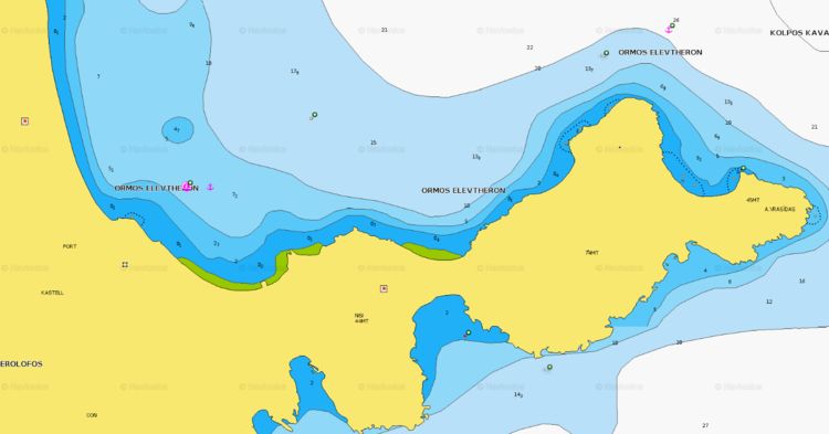 Открыть карту Навионикс якорной стоянка яхт на юге бухты Элевтерон