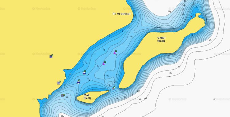 Открыть карту Navionics яхтенных стоянок в бухте Подсколь на юге острова Млет. Хорватия