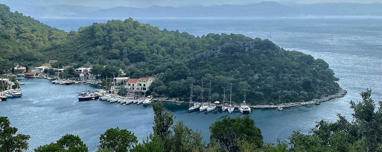 Mooring of yachts on buoys in Podskolj Bay in the south of Mljet Island. Croatia
