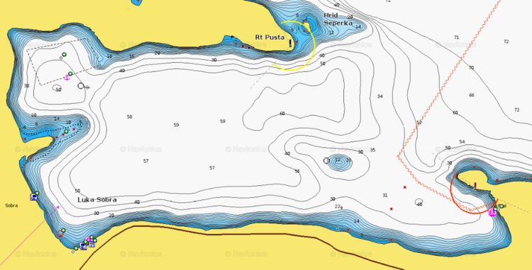 Открыть карту Навионикс стоянок яхт в бухте Собра