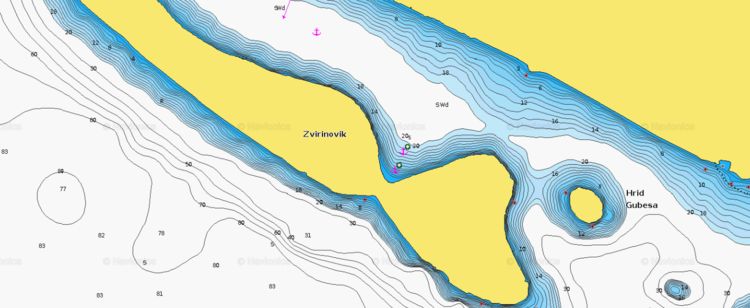 Открыть карту Navionics якорной стоянки яхт у острова Звированик