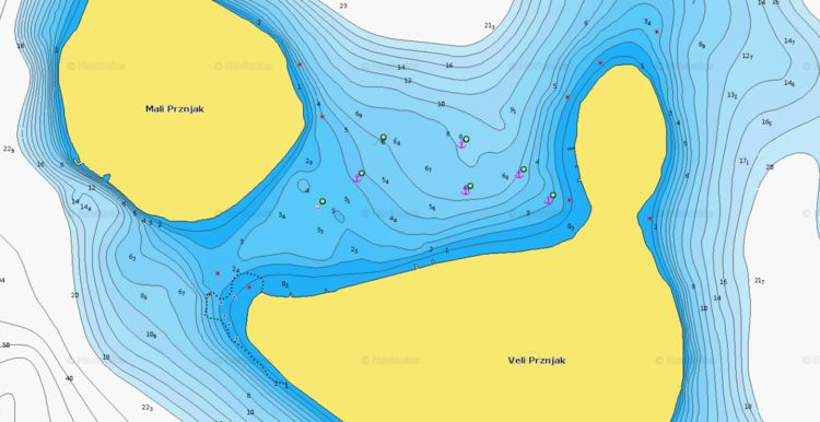 Открыть карту Navionics якорной стоянки яхт у острова Пржняк