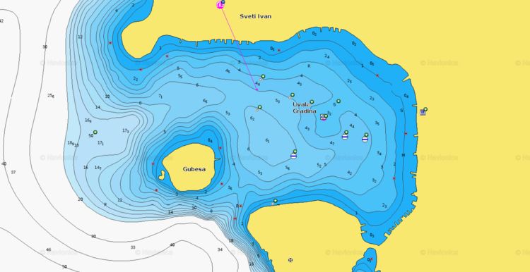 Открыть карту Navionics якорной стоянки яхт на буях в бухте Градина