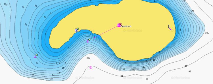 Открыть карту Navionics якорной стоянки яхт у острова Зечево