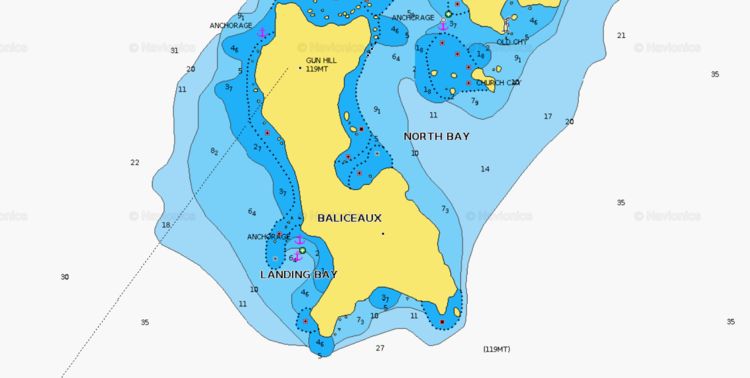 Открыть карту Navionics якорных стоянок яхт на юго-западе острова Балисо
