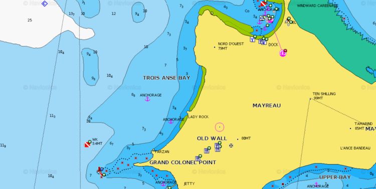 Открыть карту Navionics якорных стоянок яхт в бухте Труа Анс. Остров Меро, Сент-Втнсент и Гренадины. Карибы.