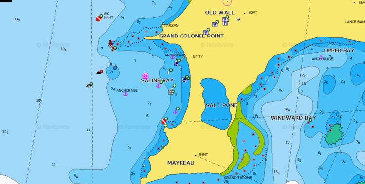 Открыть карту Navionics якорных стоянок и стоянок яхт на буях в бухте Салин