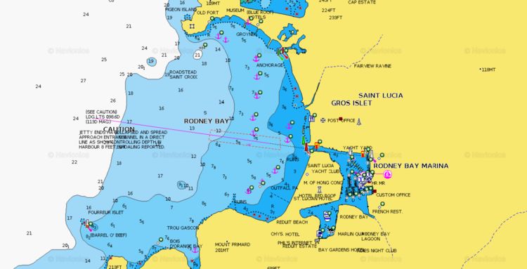 Открыть карту Навионикс якорных стоянок яхт в бухте Родни