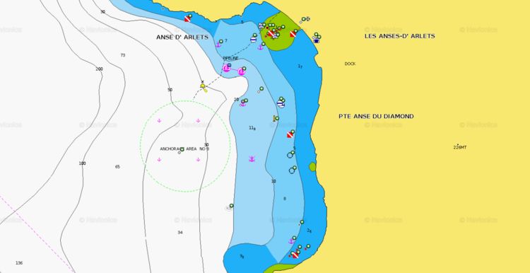 Откыть карту Navionics якорной стоянке яхт в бухте Арле на Мартинике