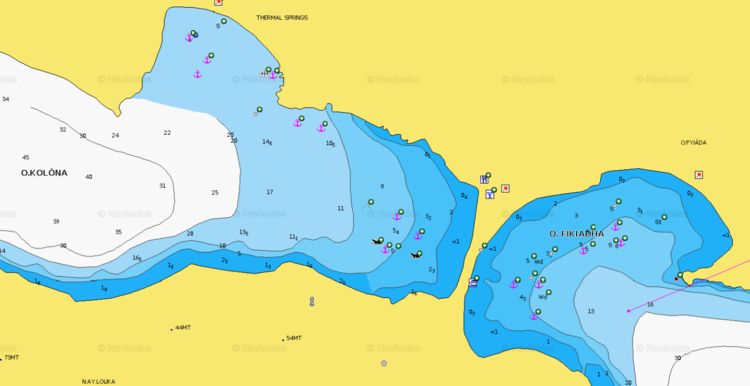 Открыть карту Navionics якорных стоянок яхт в бухтах Фикиада и Колона. Китнос. Киклады. Греция