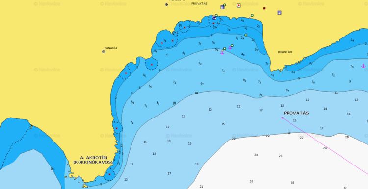 Открыть карту Navionics якорной стоянки яхт у пляжа Проватас