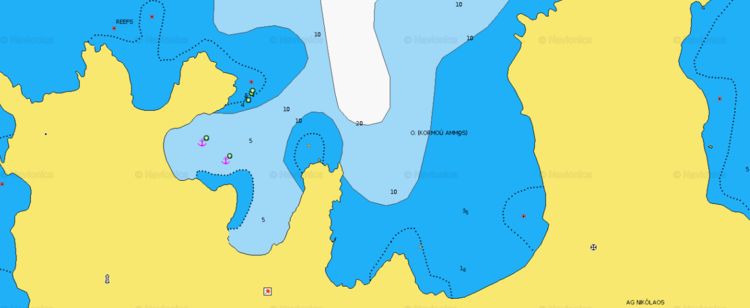 Открыть карту Navionics  якорной стоянки яхт в бухте Корму Аммос на острове Риния. Киклады. Греция
