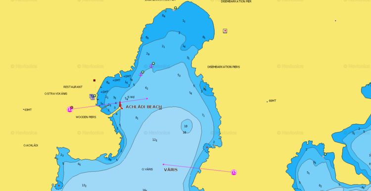 Открыть карту Navionics якорной стоянкй яхт в бухте Варис. Остров Сирос. Киклады. Греция