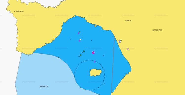 Открыть карту Navionics якорной стоянкй яхт в бухте Дельфини. Остров Сирос. Киклады. Греция