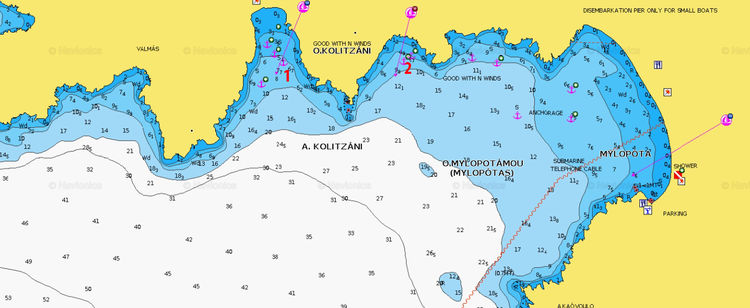 Открыть карту Navionics стоянок яхт в бухте Милопотас на западе острова Иос. Киклады. Греция