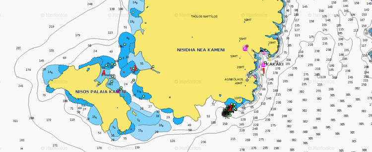 Открыть карту Navionics стоянки яхт у островов Камени. Санторин. Киклады. Греция