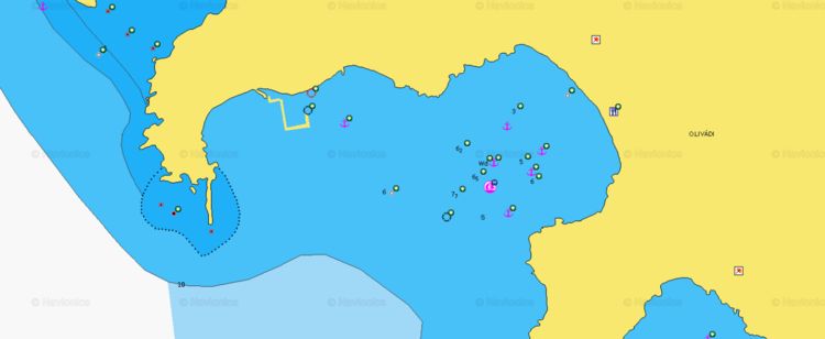 Открыть карту Navionics стоянок яхт в бухте Ливади на острове Схинуса. Киклады. Греция