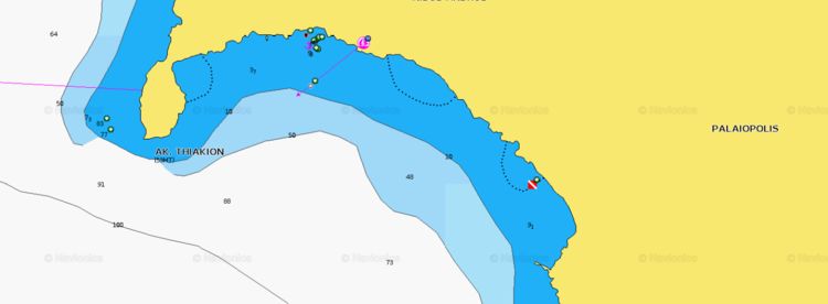 Открыть карту Navionics стоянок яхт в бухте Палеополи на острове Андрос. Киклады. Греция