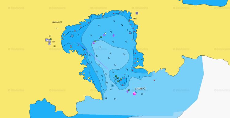 Открыть карту Navionics стоянок яхт в бухте Ладико. Остров Родос. Додеканес. Греция