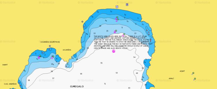 Открыть карту Navionics якорной стоянки яхт в бухте Мегало. Остров Тилос. Додеканес. Греция