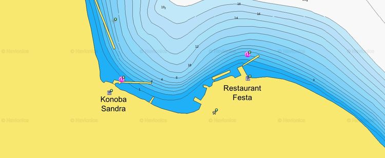 Открыть карту Navionics стоянок яхт у пирсов ресторанов Фешта и Сандра