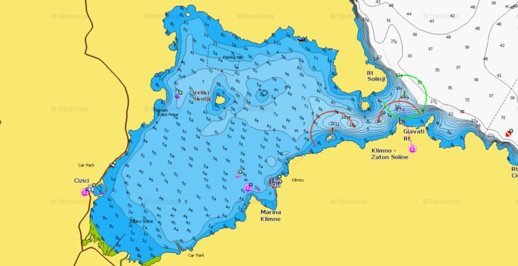Открыть карту Navionics якорной стоянки яхт в бухте Климно