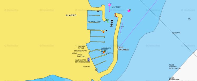 Открыть карту Navionics стоянок яхт в марине Алассио. Савона. Лигурия. Италия.