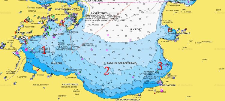 Открыть карту Navionics стоянок яхт в  в бухте Портоферрайо. Остров Эльба. Италия